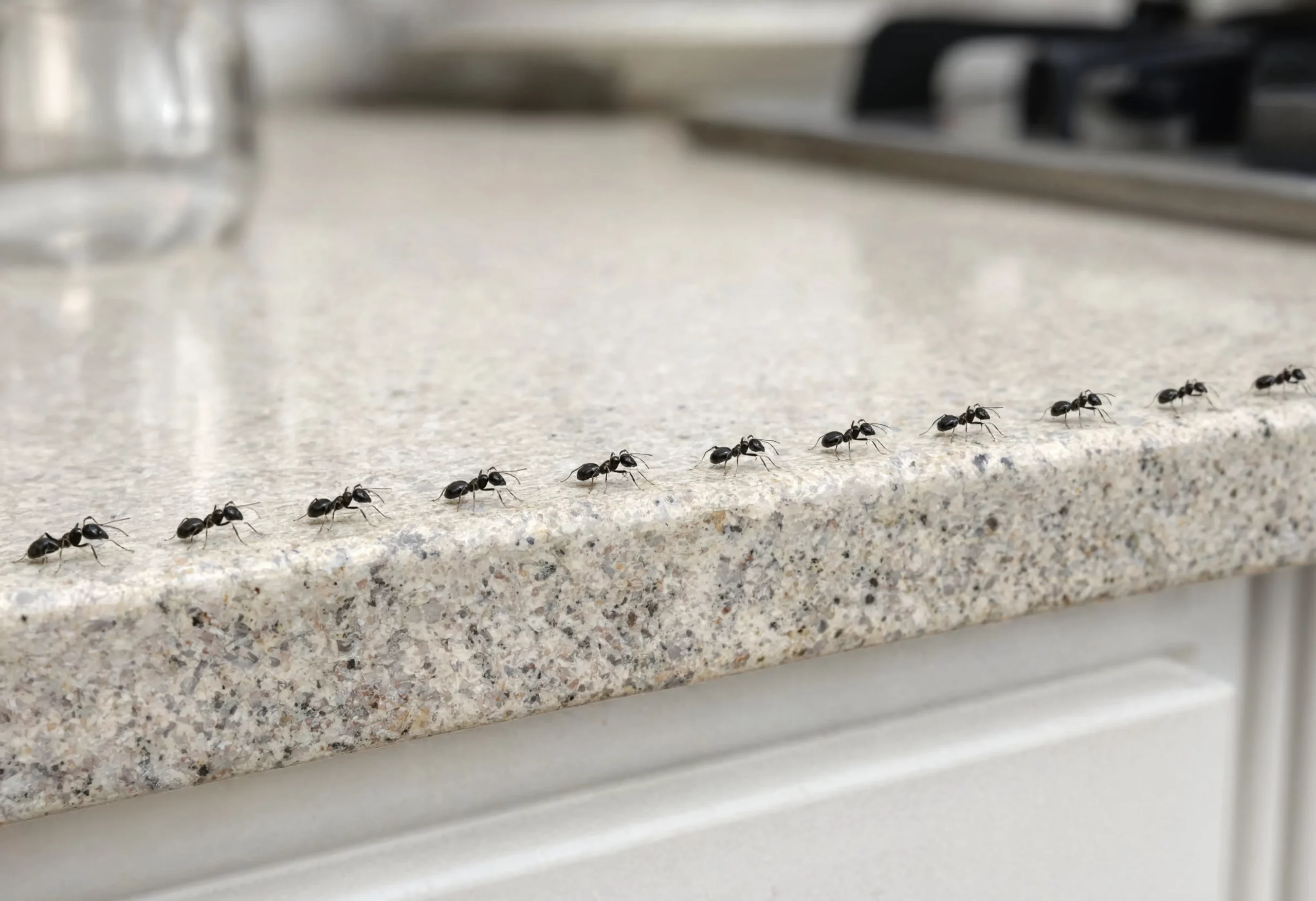 Ants marching in a foraging trail along a surface